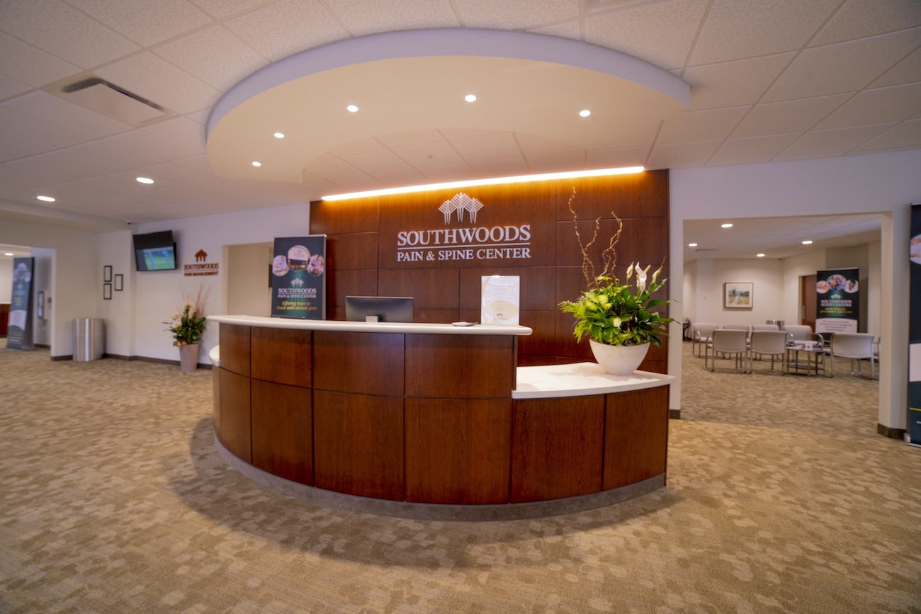 The reception desk at the Southwoods Pain and Spine Center